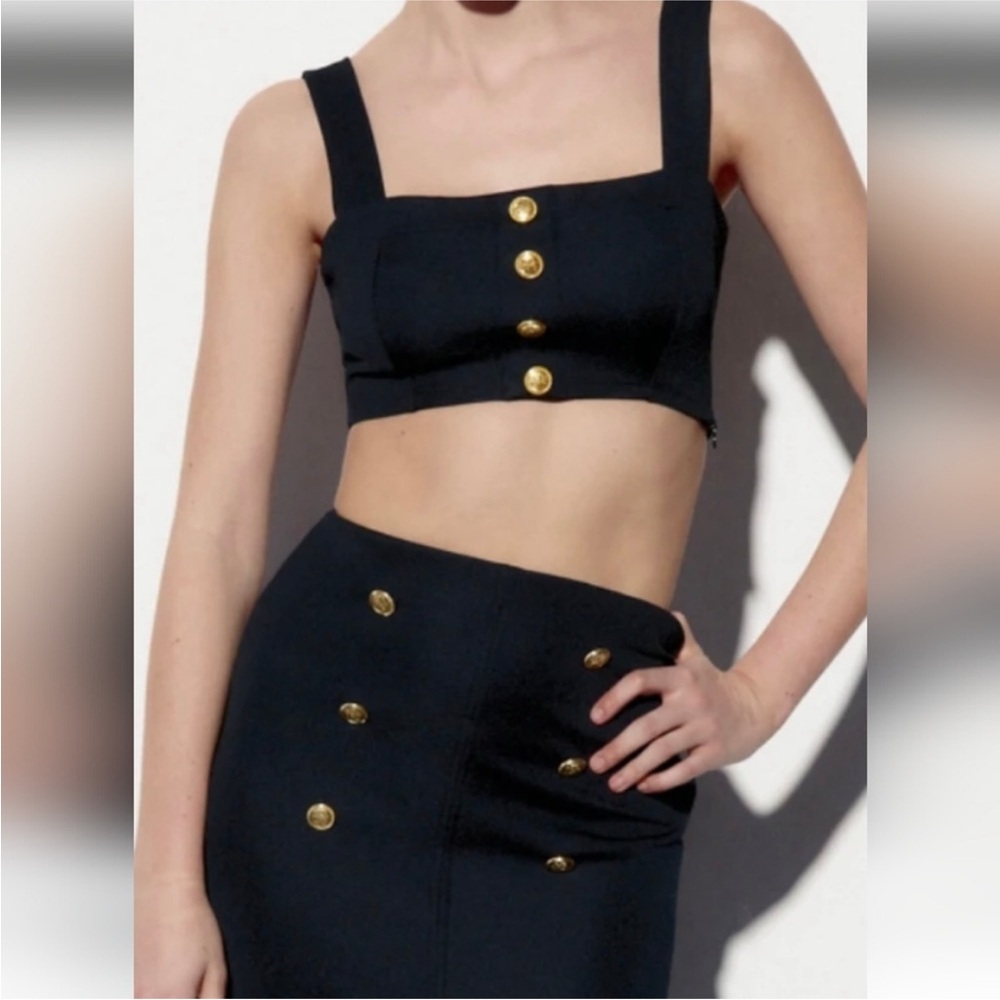 Chic Black Crop Top and Skirt Set with Gold Buttons